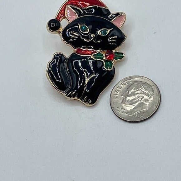 Christmas Cat Santa Claus Brooch Holiday Kitten Pin with Santa Hat & Rhinestones - Picture 3 of 4